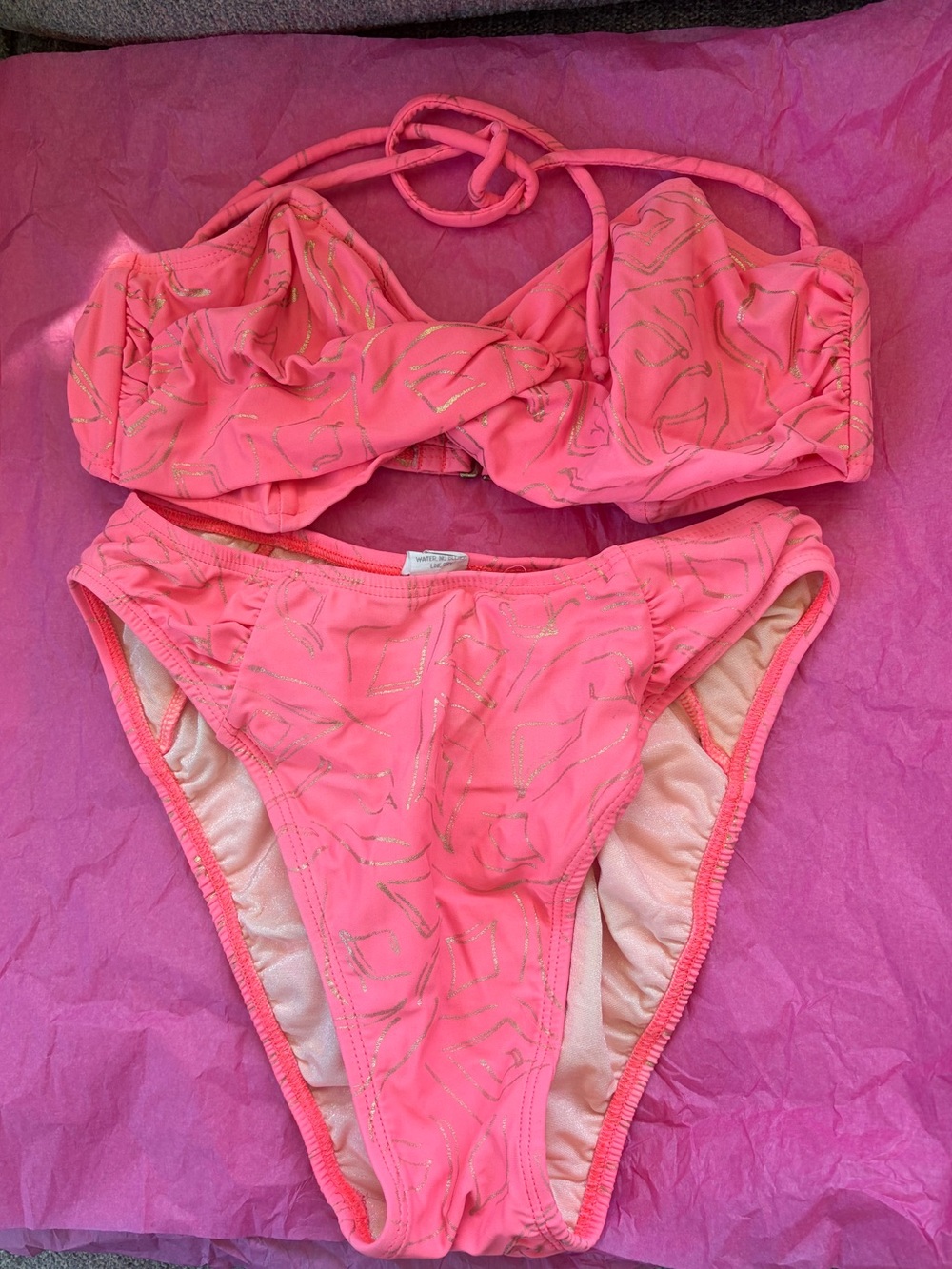 Women’s Vintage Pink High-Waist Bikini Set with Gold Accents